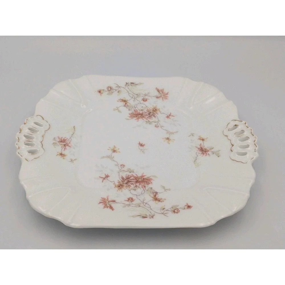 Vintage Leonard Vienna, Austria Porcelain Serving Plate, Floral w Cutout Handles
